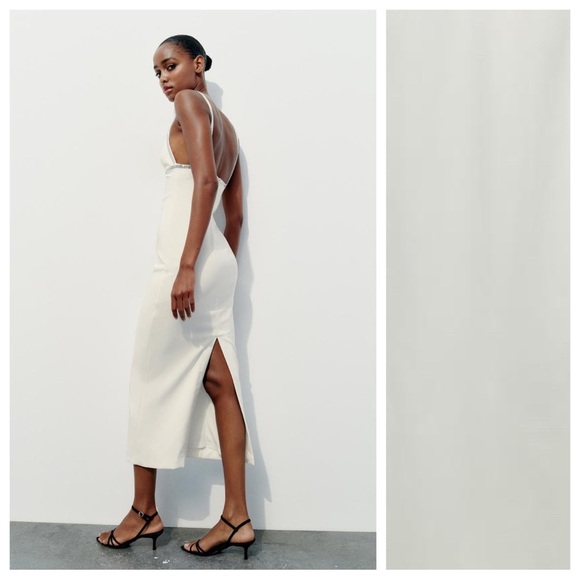 NWT. Zara White Rhinestone Midi Dress with V-neckline. Size S. - Picture 4 of 11
